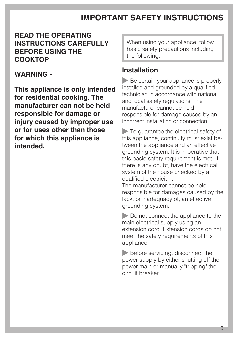 Important safety instructions 3, Important safety instructions | Miele KM427 User Manual | Page 3 / 24