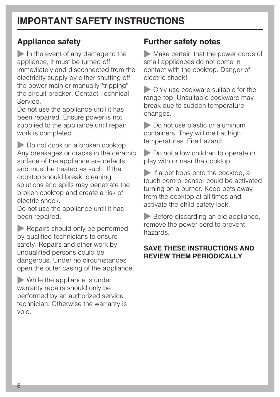 Important safety instructions | Miele KM427 User Manual | Page 8 / 24