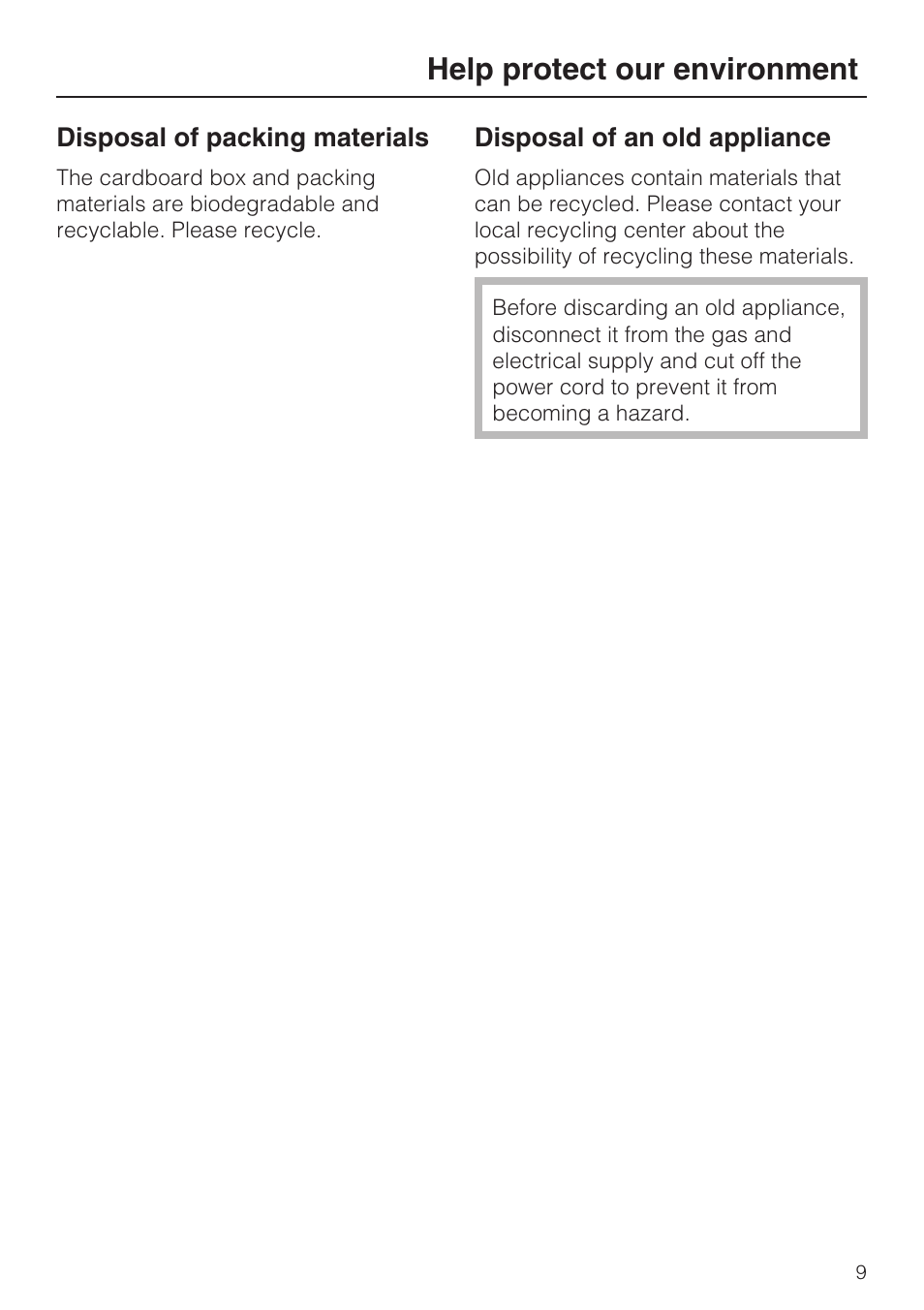 Help protect our environment 9, Help protect our environment | Miele KM427 User Manual | Page 9 / 24