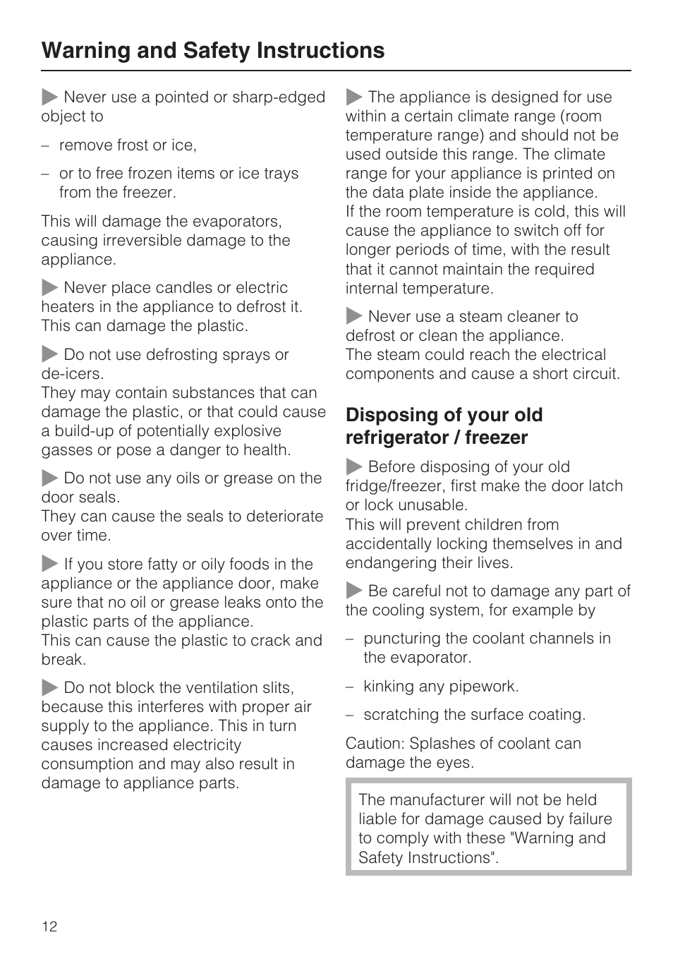 Warning and safety instructions | Miele KFN 14943 SDE ED User Manual | Page 12 / 68