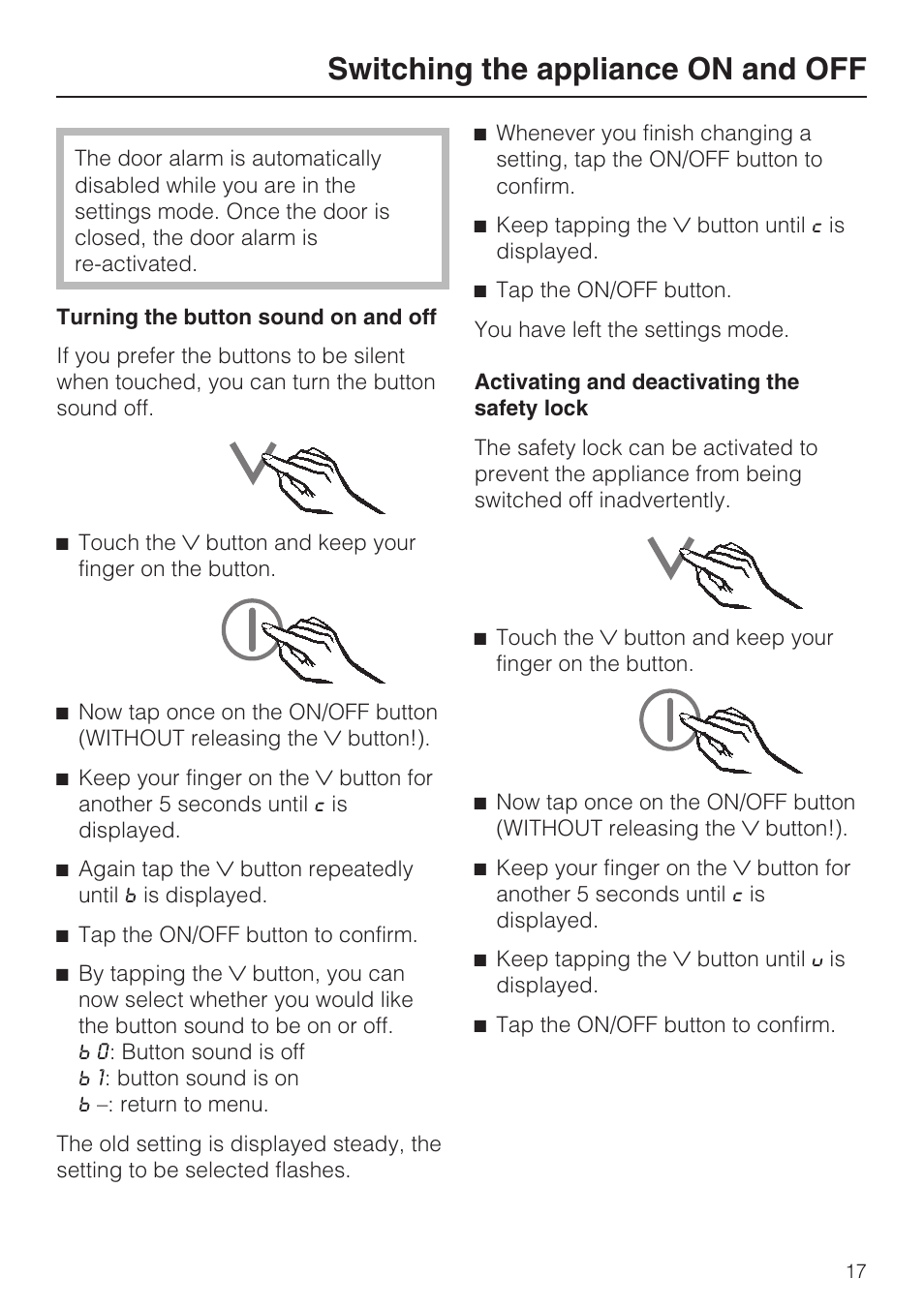 Turning the button sound on and off 17, Activating and deactivating the safety lock 17, Switching the appliance on and off | Miele KFN 14943 SDE ED User Manual | Page 17 / 68