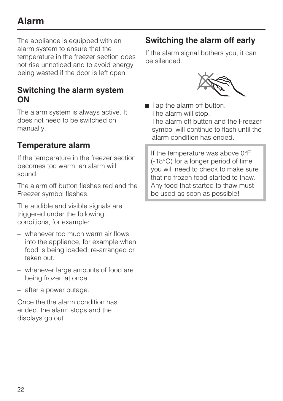 Alarm 22, Temperature alarm 22, Alarm | Switching the alarm system on, Temperature alarm, Switching the alarm off early | Miele KFN 14943 SDE ED User Manual | Page 22 / 68