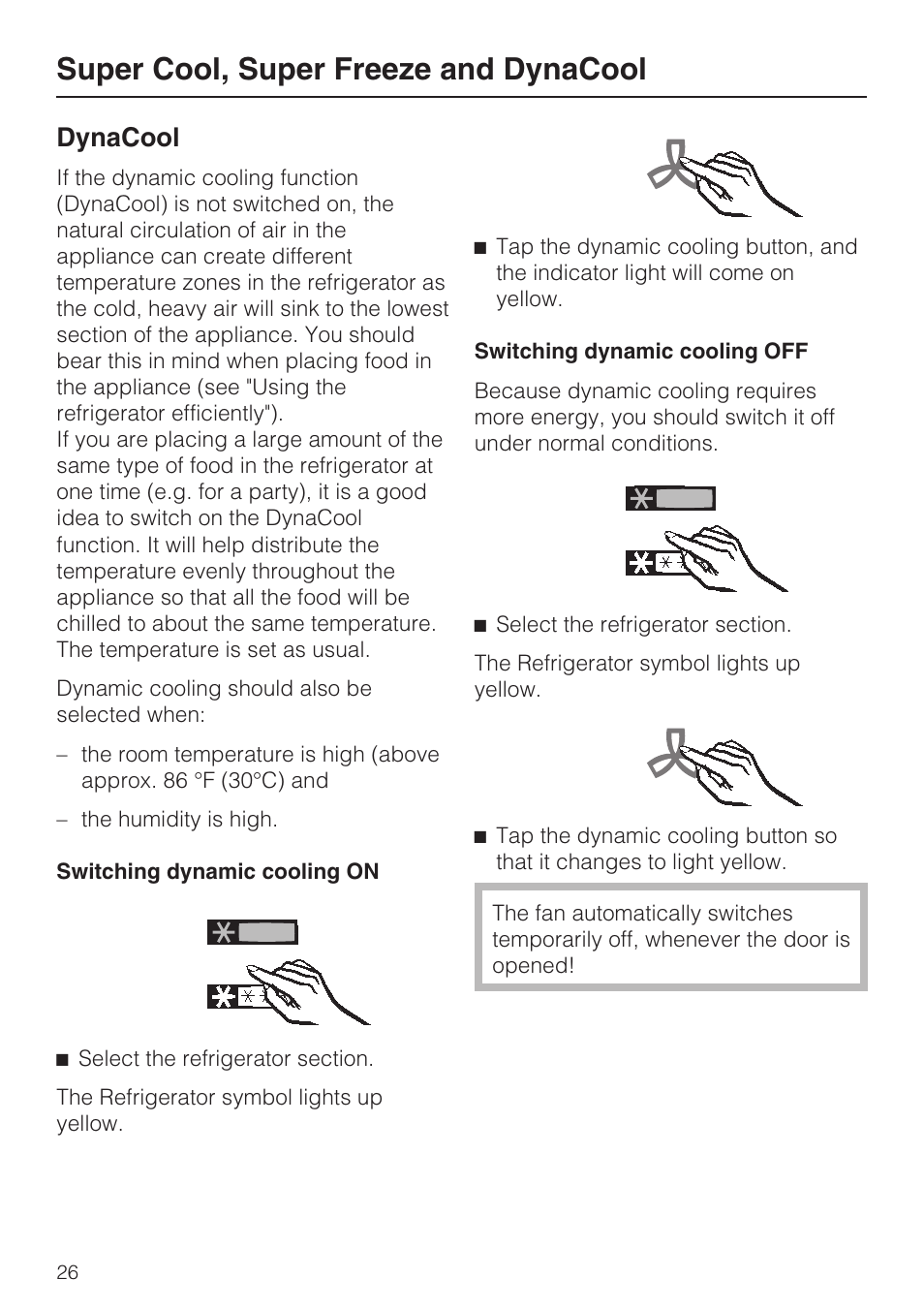 Dynacool 26, Super cool, super freeze and dynacool, Dynacool | Miele KFN 14943 SDE ED User Manual | Page 26 / 68