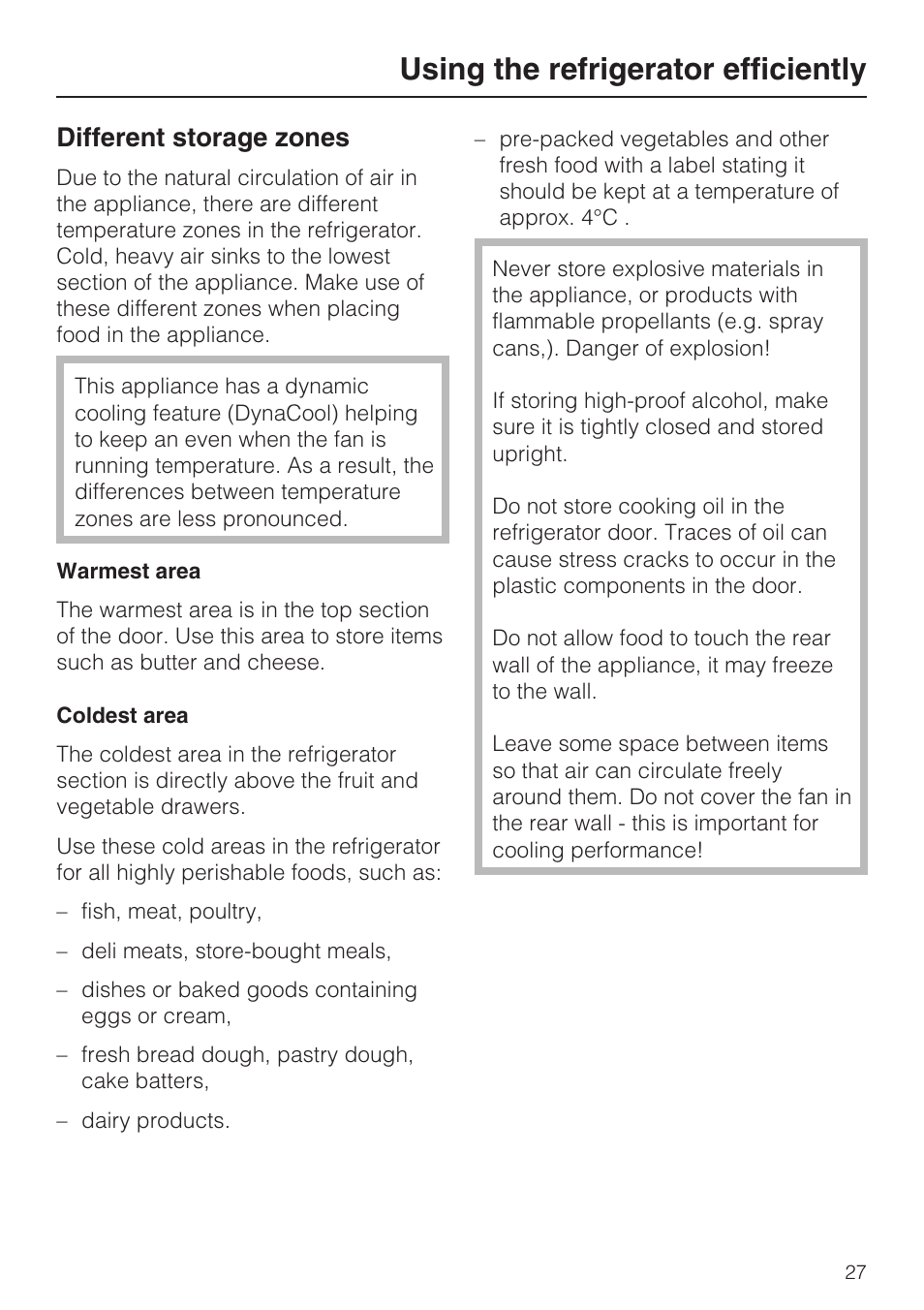 Using the refrigerator efficiently 27, Different storage zones 27, Using the refrigerator efficiently | Different storage zones | Miele KFN 14943 SDE ED User Manual | Page 27 / 68