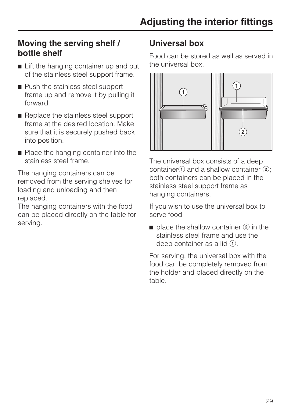 Moving the serving shelf / bottle shelf 29, Universal box 29, Adjusting the interior fittings | Moving the serving shelf / bottle shelf, Universal box | Miele KFN 14943 SDE ED User Manual | Page 29 / 68