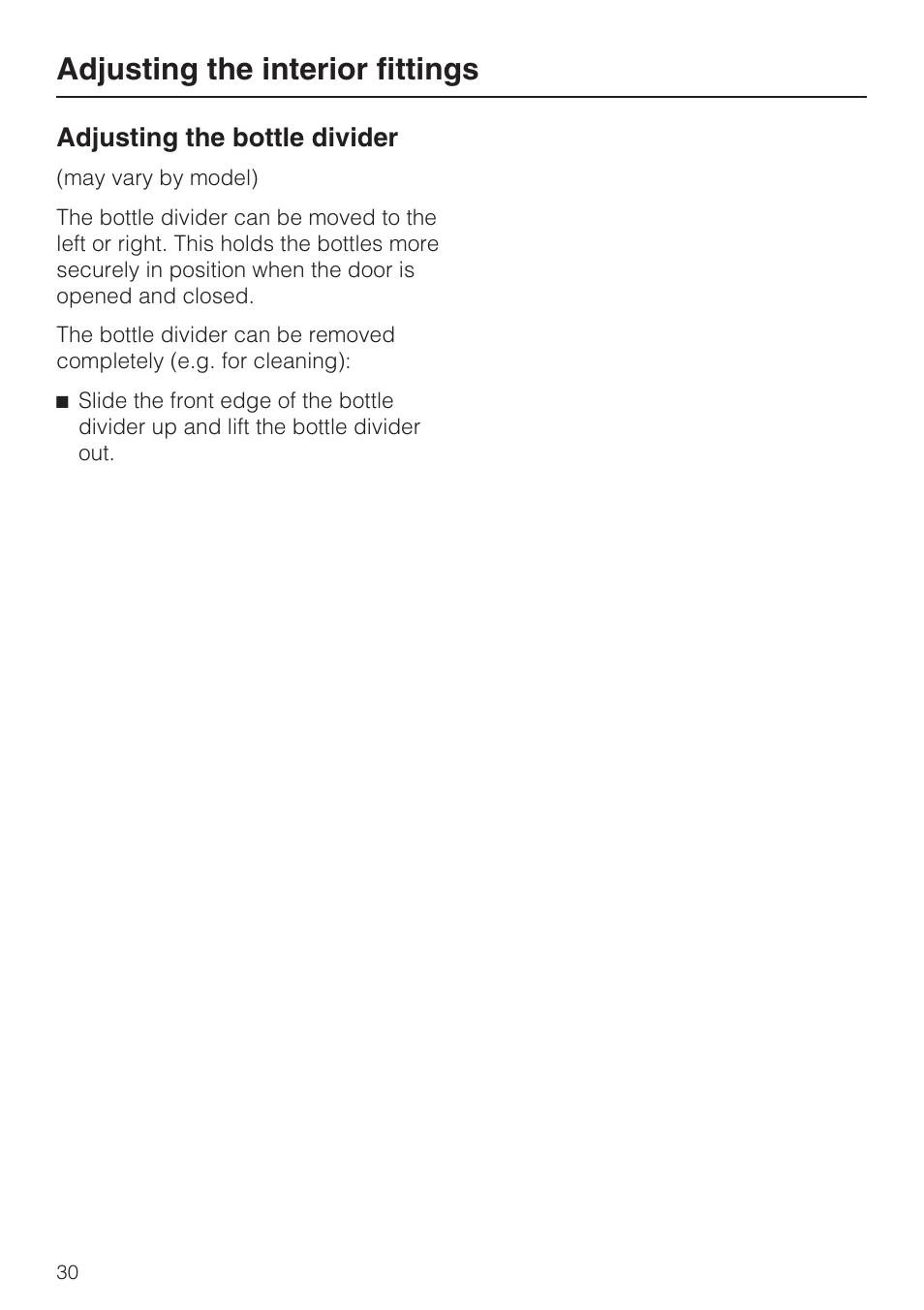 Adjusting the bottle divider 30, Adjusting the interior fittings, Adjusting the bottle divider | Miele KFN 14943 SDE ED User Manual | Page 30 / 68