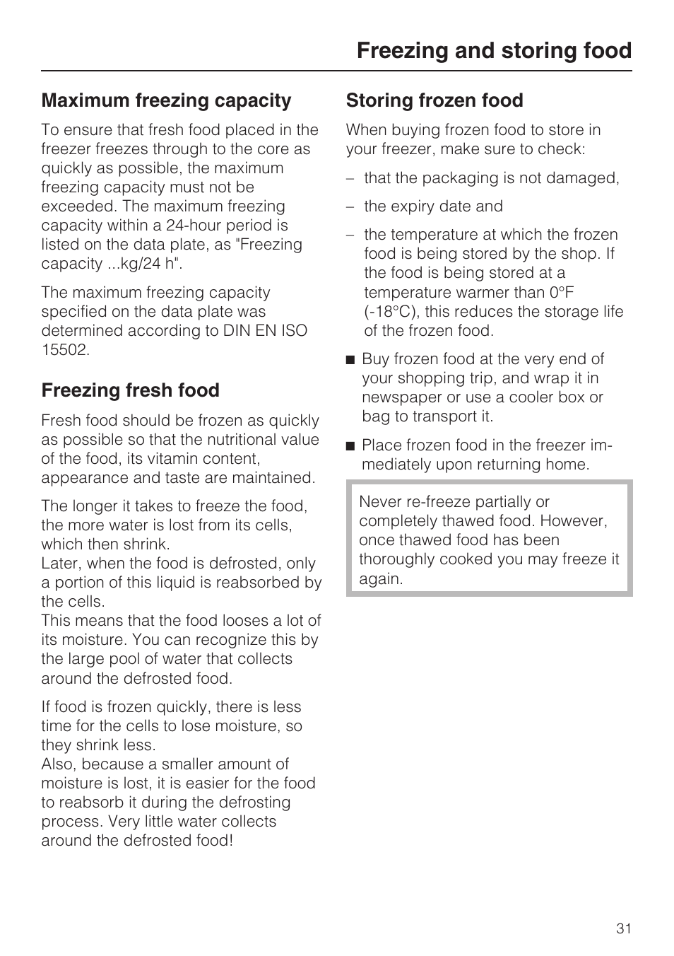 Freezing and storing food 31, Maximum freezing capacity 31, Freezing fresh food 31 | Storing frozen food 31, Freezing and storing food, Maximum freezing capacity, Freezing fresh food, Storing frozen food | Miele KFN 14943 SDE ED User Manual | Page 31 / 68