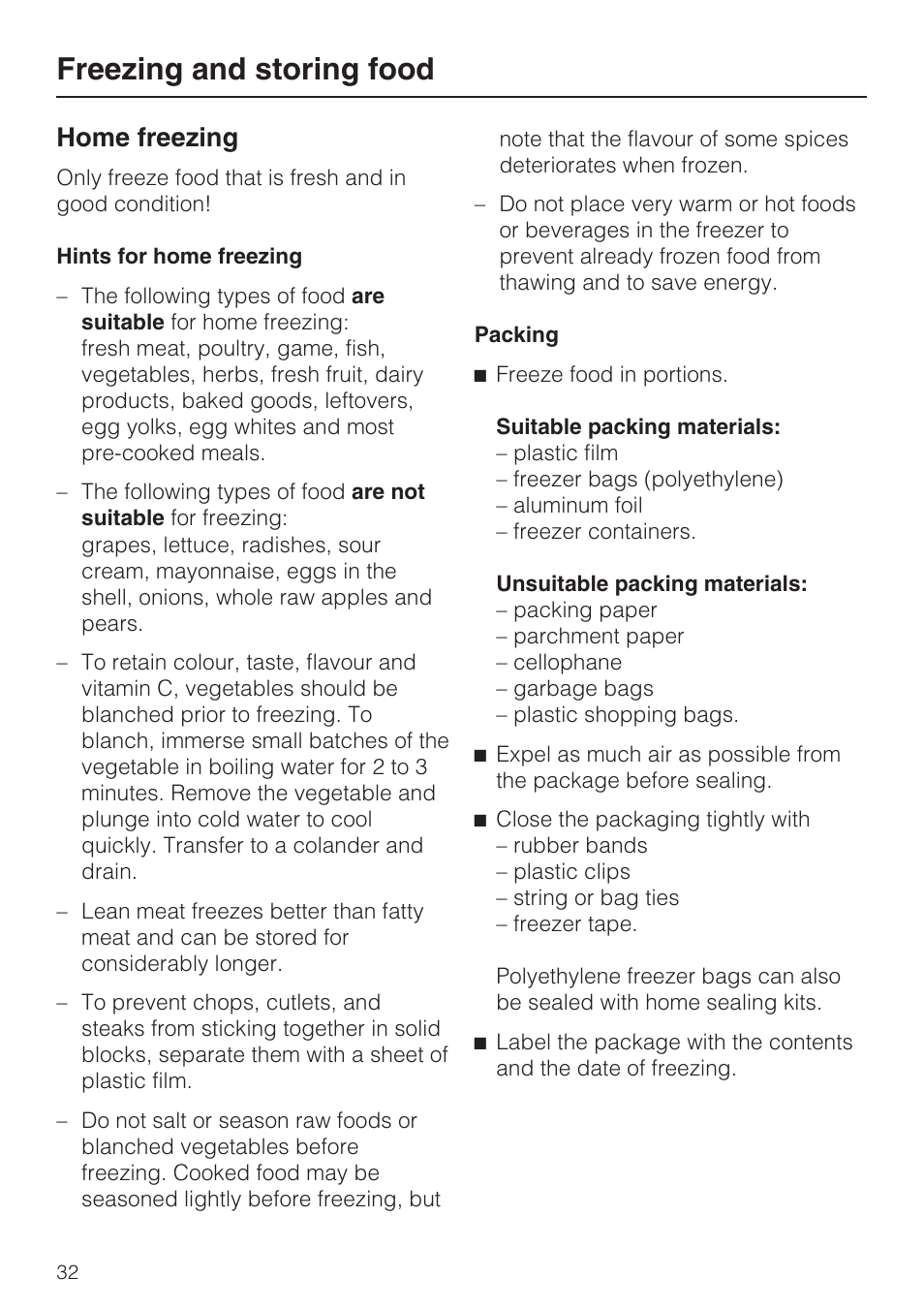 Home freezing 32, Hints for home freezing 32, Packing 32 | Freezing and storing food, Home freezing | Miele KFN 14943 SDE ED User Manual | Page 32 / 68