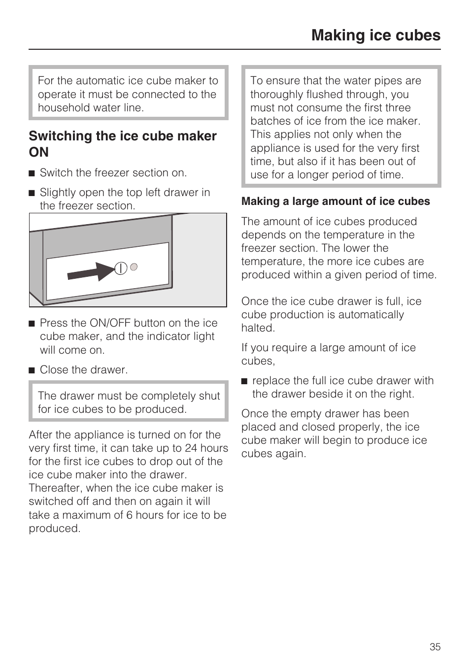 Making ice cubes 35, Making ice cubes, Switching the ice cube maker on | Miele KFN 14943 SDE ED User Manual | Page 35 / 68