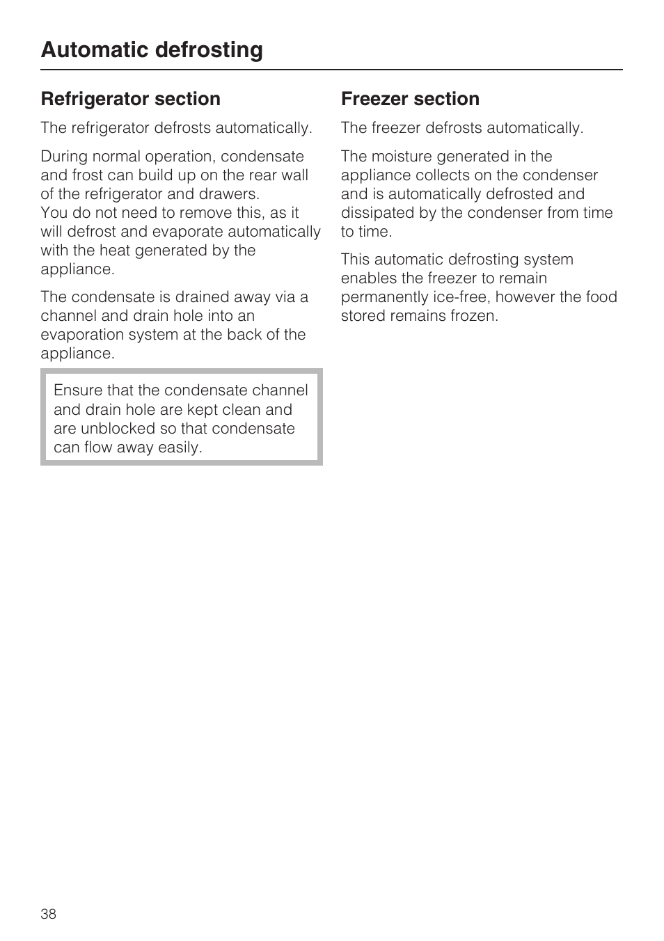 Automatic defrosting 38, Automatic defrosting | Miele KFN 14943 SDE ED User Manual | Page 38 / 68