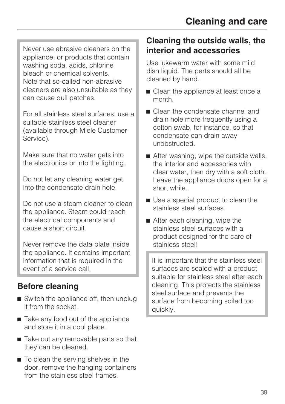 Cleaning and care 39, Cleaning and care, Before cleaning | Miele KFN 14943 SDE ED User Manual | Page 39 / 68