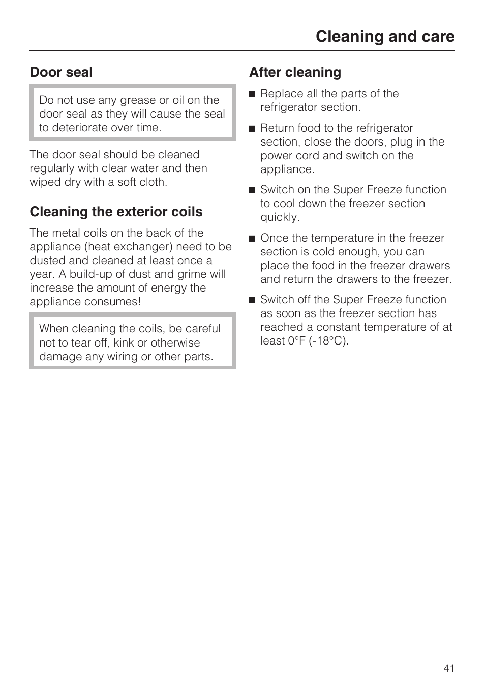 Door seal 41, Cleaning the exterior coils 41, Cleaning and care | Door seal, Cleaning the exterior coils, After cleaning | Miele KFN 14943 SDE ED User Manual | Page 41 / 68