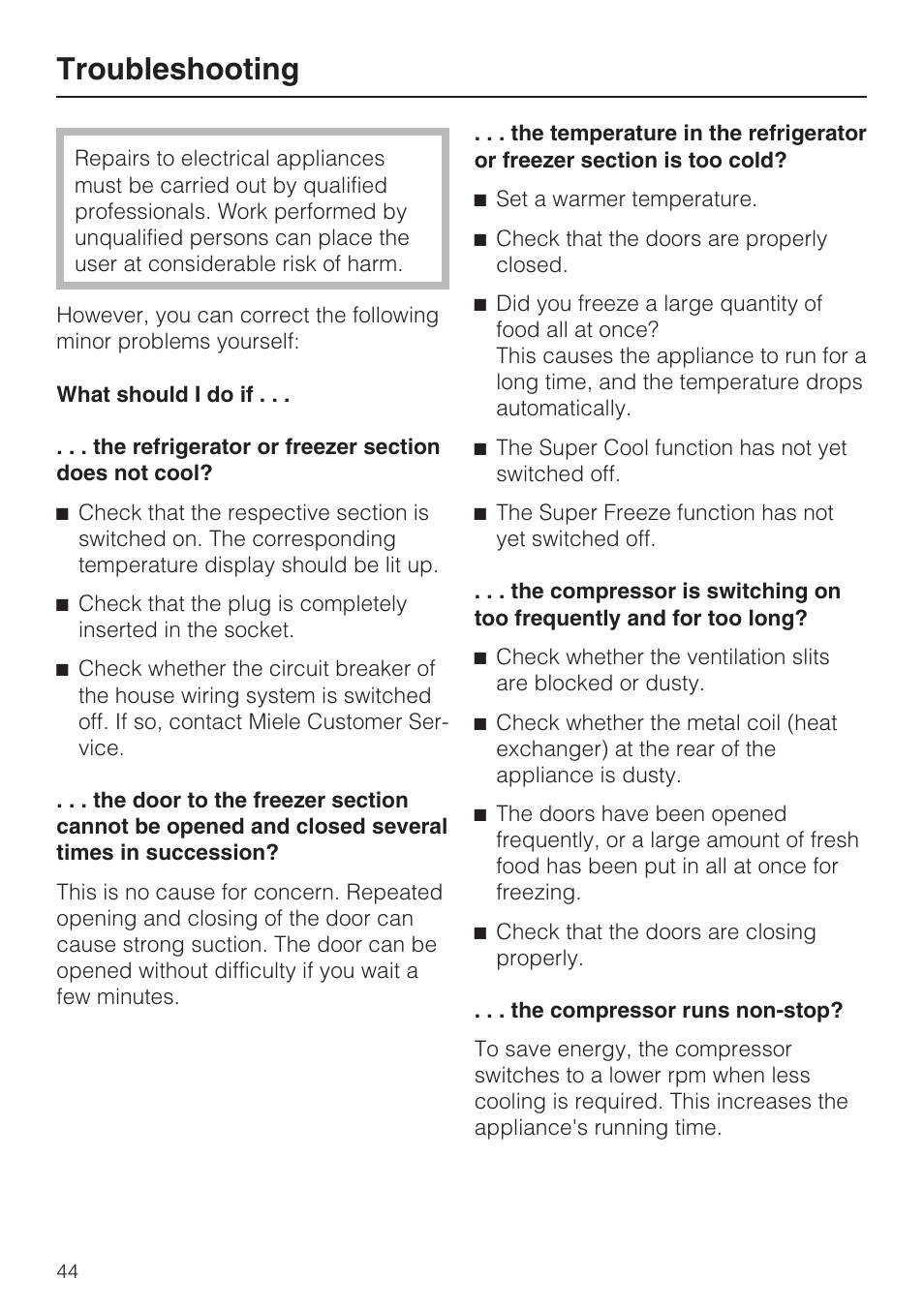 Troubleshooting 44, Troubleshooting | Miele KFN 14943 SDE ED User Manual | Page 44 / 68