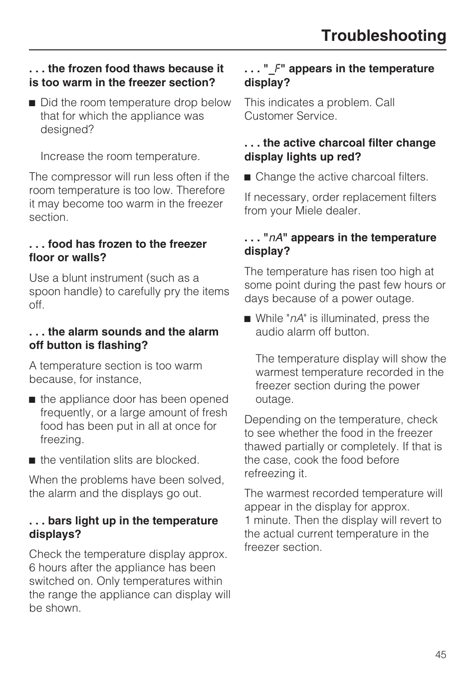 Troubleshooting | Miele KFN 14943 SDE ED User Manual | Page 45 / 68