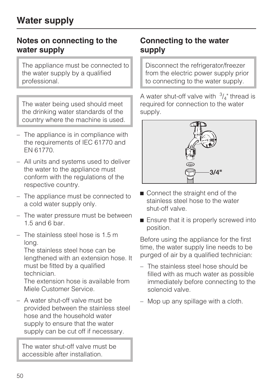 Water supply 50, Notes on connecting to the water supply 50, Connecting to the water supply 50 | Water supply, Connecting to the water supply | Miele KFN 14943 SDE ED User Manual | Page 50 / 68