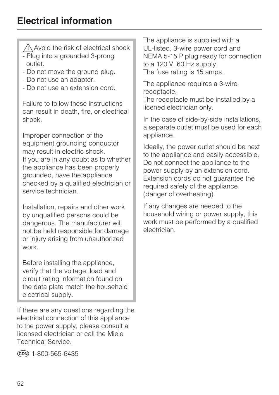 Electrical information 52, Electrical information | Miele KFN 14943 SDE ED User Manual | Page 52 / 68