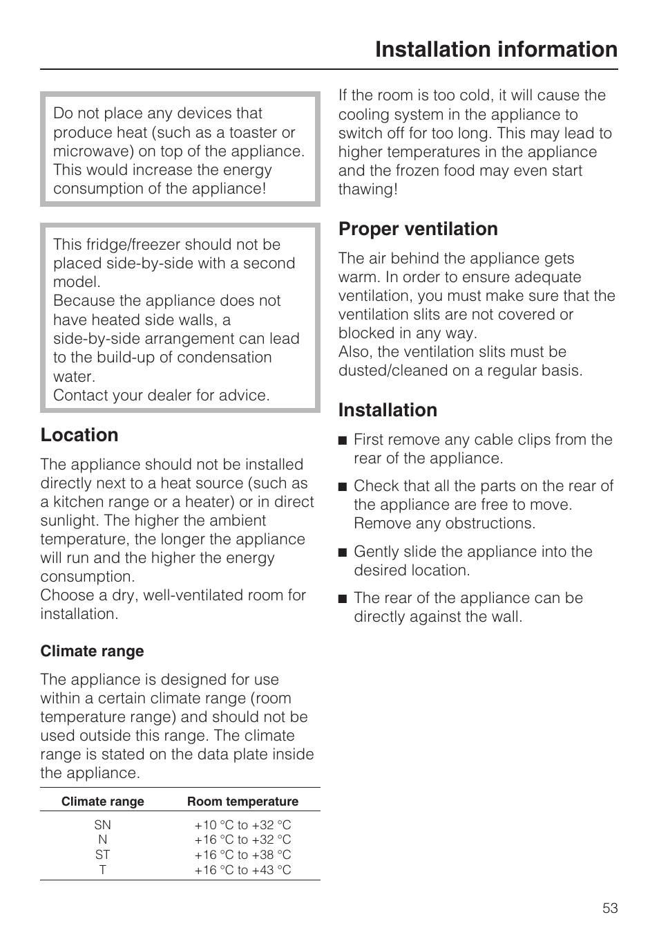 Installation information 53, Location 53, Climate range 53 | Proper ventilation 53, Installation 53, Installation information, Location, Proper ventilation, Installation | Miele KFN 14943 SDE ED User Manual | Page 53 / 68