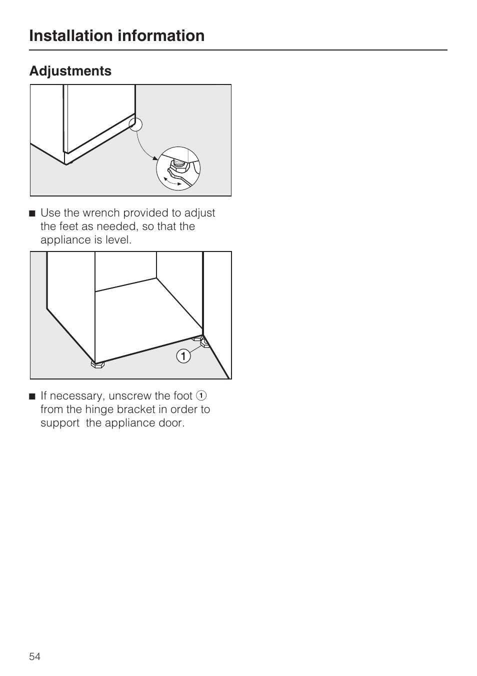 Adjustments 54, Installation information | Miele KFN 14943 SDE ED User Manual | Page 54 / 68