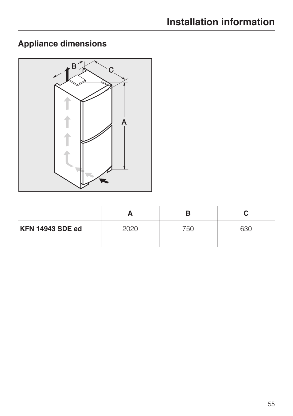 Appliance dimensions 55, Installation information, Appliance dimensions | Miele KFN 14943 SDE ED User Manual | Page 55 / 68