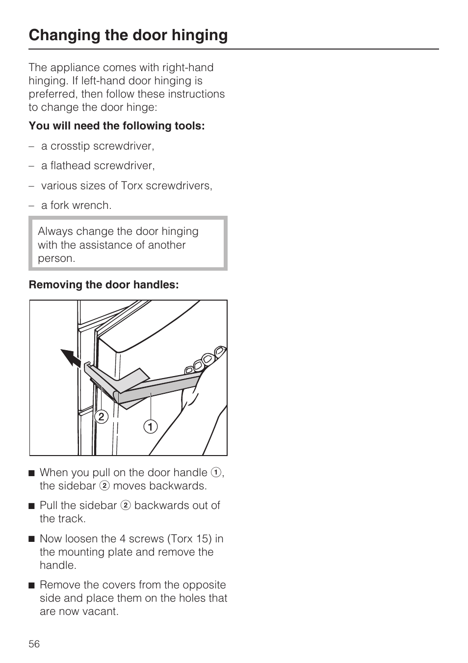 Changing the door hinging 56, Changing the door hinging | Miele KFN 14943 SDE ED User Manual | Page 56 / 68