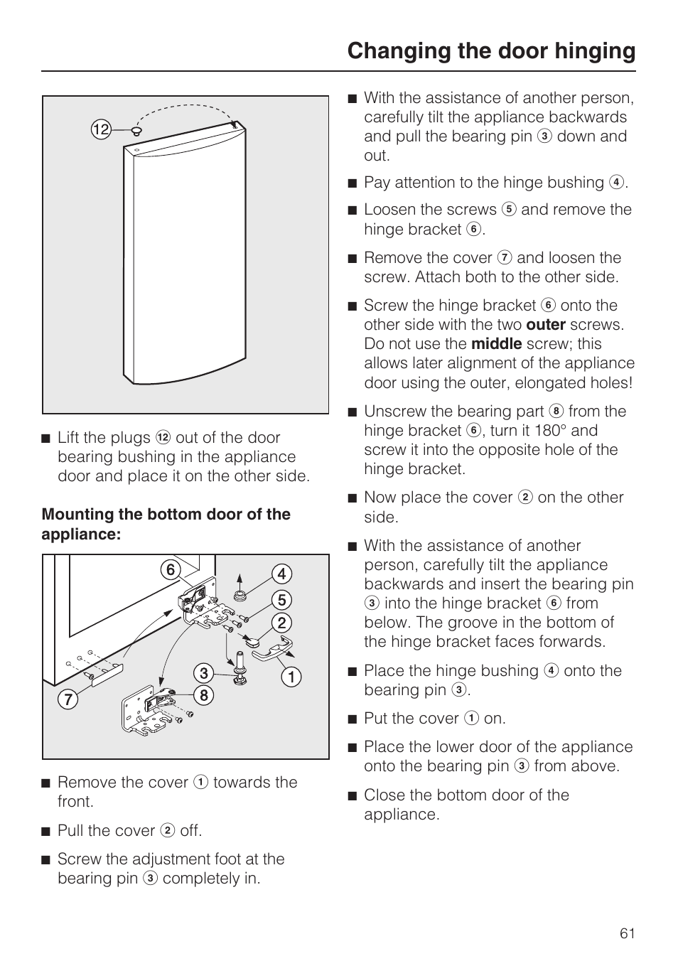 Changing the door hinging | Miele KFN 14943 SDE ED User Manual | Page 61 / 68