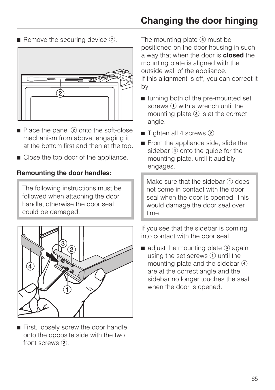 Changing the door hinging | Miele KFN 14943 SDE ED User Manual | Page 65 / 68