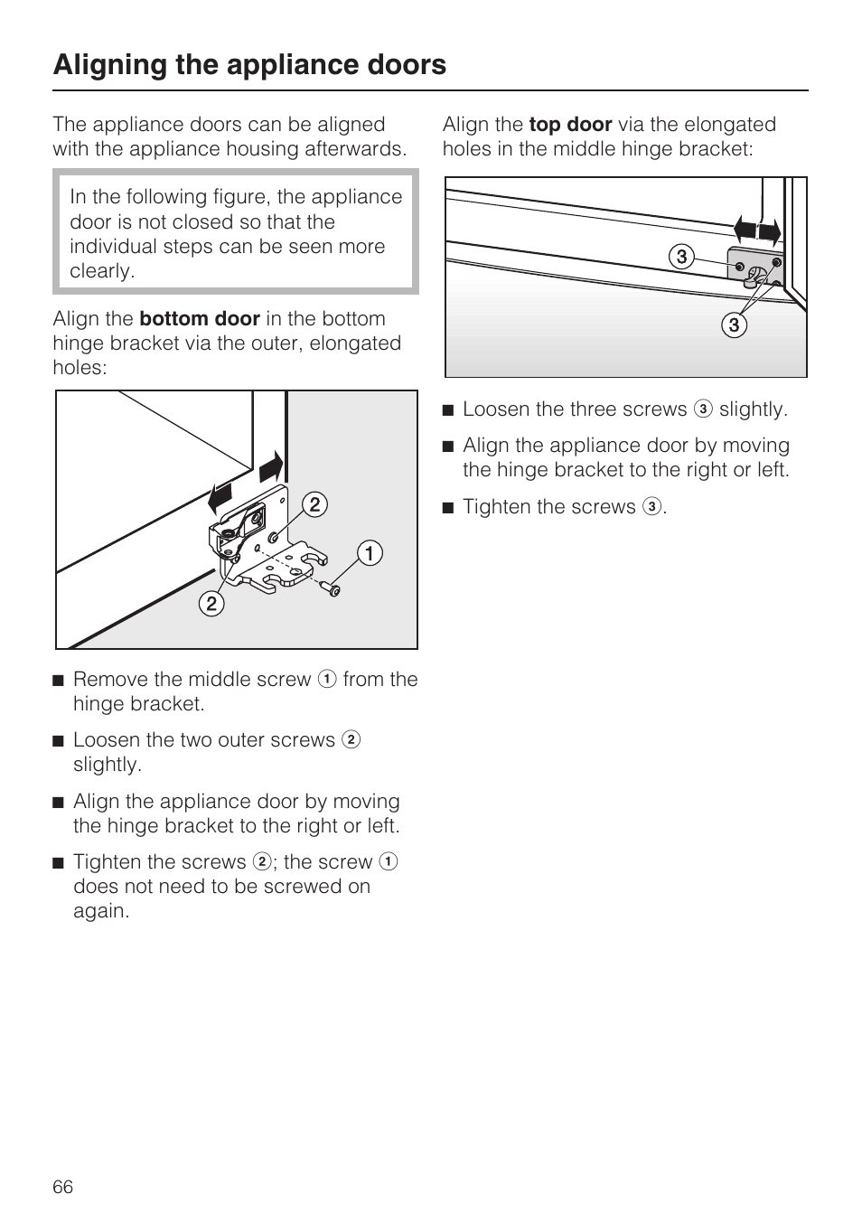 Aligning the appliance doors 66, Aligning the appliance doors | Miele KFN 14943 SDE ED User Manual | Page 66 / 68