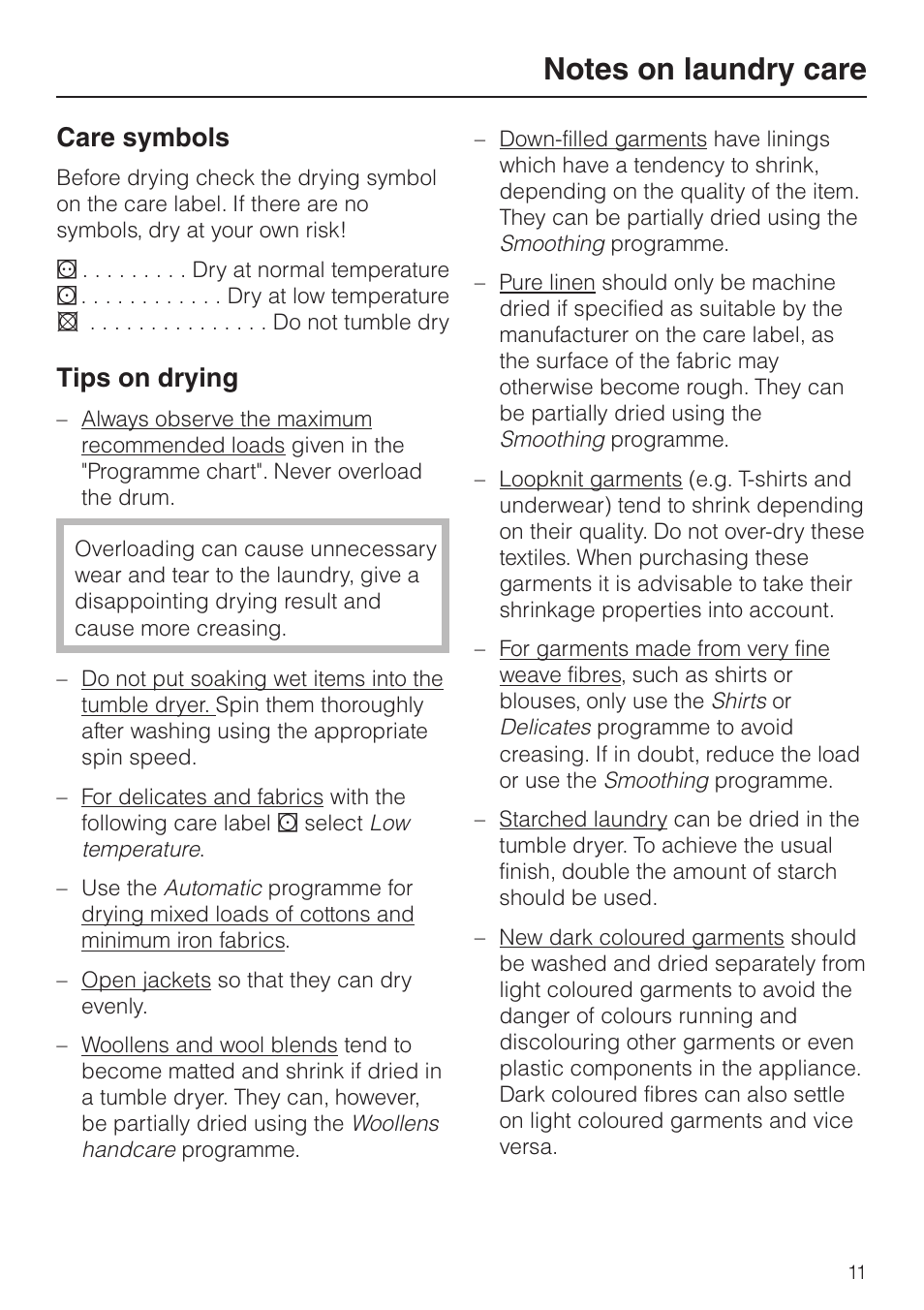 Notes on laundry care 11, Care symbols 11, Tips on drying 11 | Care symbols, Tips on drying | Miele T 8422 C User Manual | Page 11 / 52