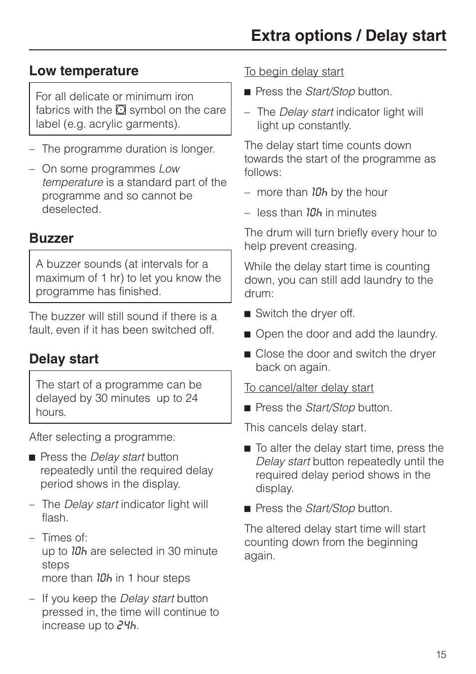 Extra options / delay start 15, Low temperature 15, Buzzer 15 | Delay start 15, Extra options / delay start, Low temperature, Buzzer, Delay start | Miele T 8422 C User Manual | Page 15 / 52