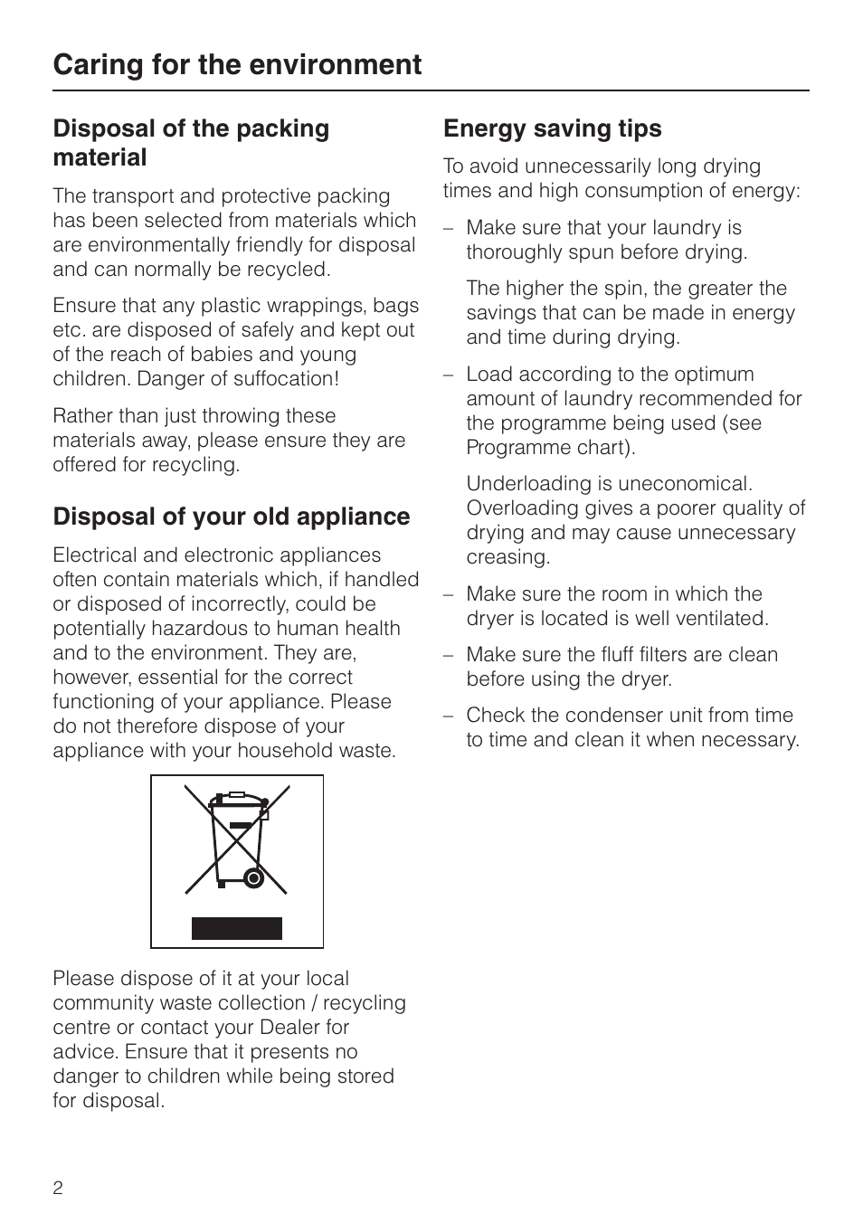 Caring for the environment 2, Caring for the environment, Disposal of the packing material | Disposal of your old appliance, Energy saving tips | Miele T 8422 C User Manual | Page 2 / 52