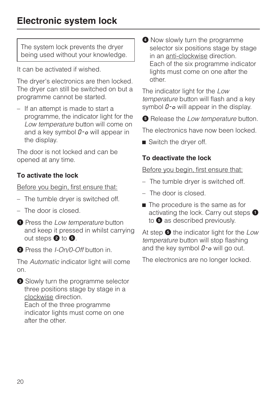 Electronic system lock 20, Electronic system lock | Miele T 8422 C User Manual | Page 20 / 52