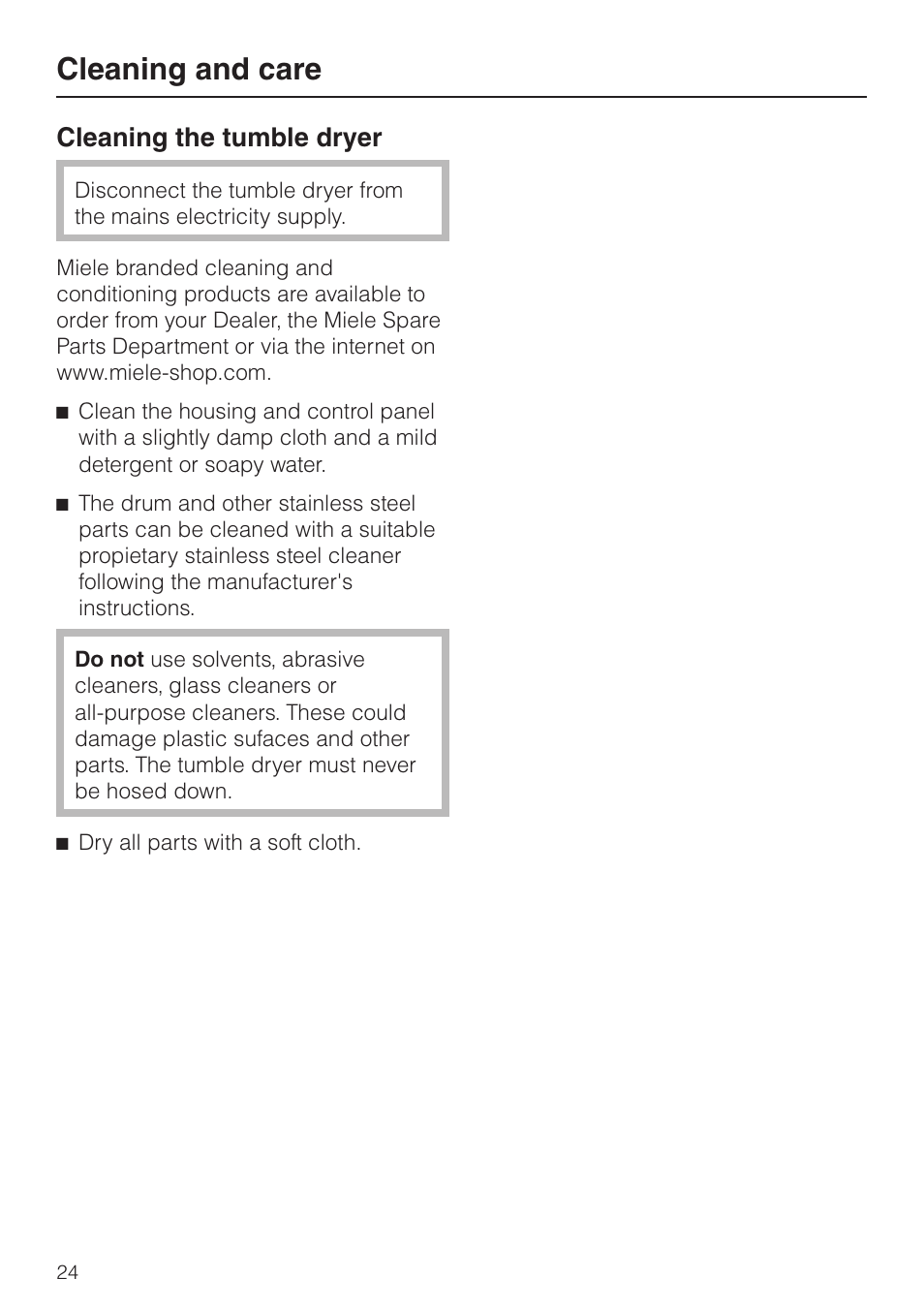 Cleaning the tumble dryer 24, Cleaning and care, Cleaning the tumble dryer | Miele T 8422 C User Manual | Page 24 / 52