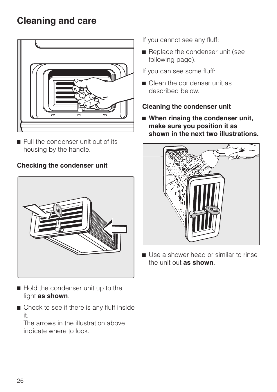 Checking the condenser unit 26, Cleaning the condenser unit 26, Cleaning and care | Miele T 8422 C User Manual | Page 26 / 52