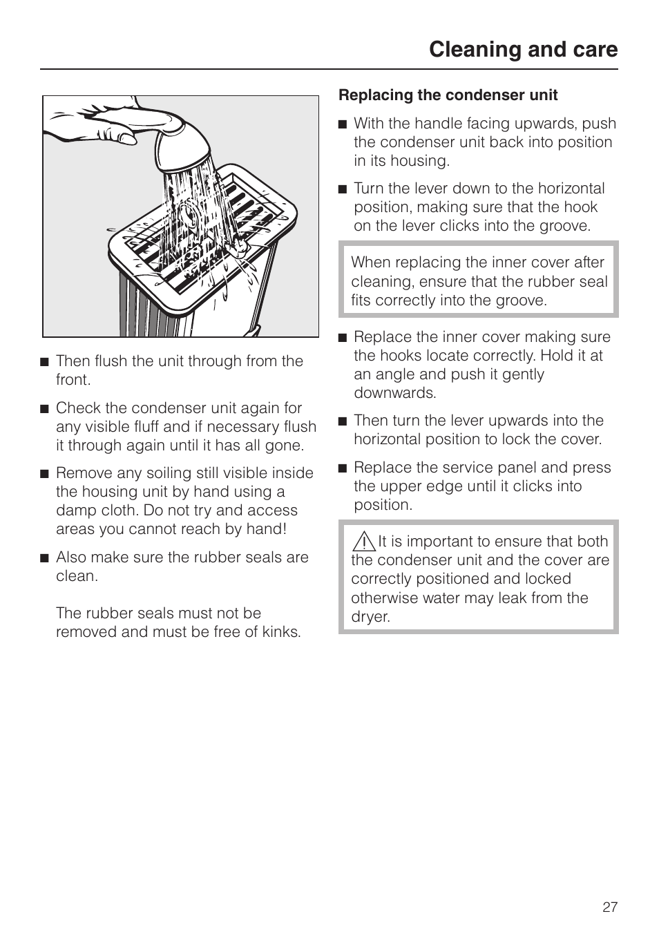 Replacing the condenser unit 27, Cleaning and care | Miele T 8422 C User Manual | Page 27 / 52