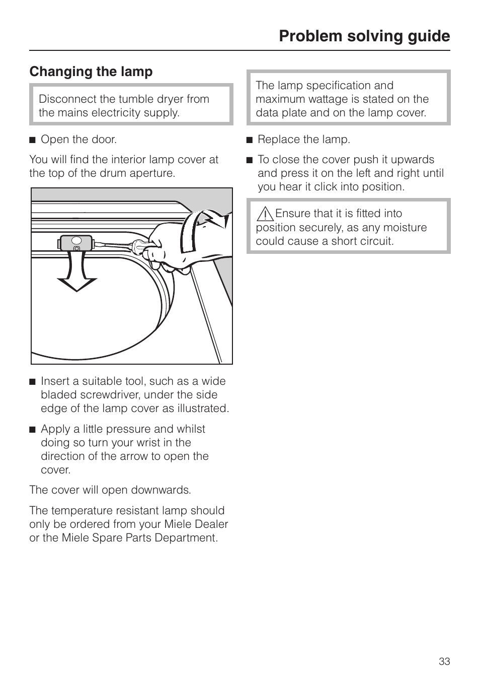 Changing the lamp 33, Problem solving guide, Changing the lamp | Miele T 8422 C User Manual | Page 33 / 52