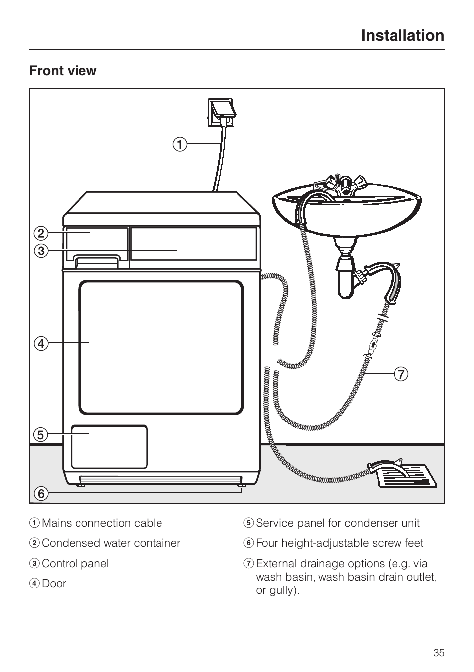 Installation 35, Front view 35, Installation | Front view | Miele T 8422 C User Manual | Page 35 / 52