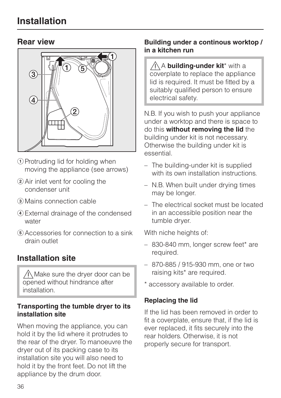 Rear view 36, Installation site 36, Installation | Rear view, Installation site | Miele T 8422 C User Manual | Page 36 / 52