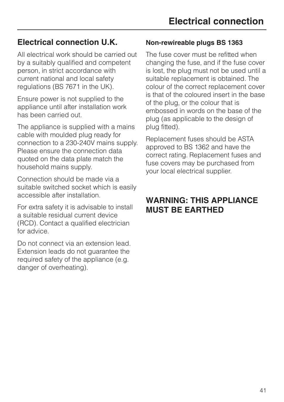 Electrical connection 41, Electrical connection u.k. 41, Electrical connection | Electrical connection u.k, Warning: this appliance must be earthed | Miele T 8422 C User Manual | Page 41 / 52