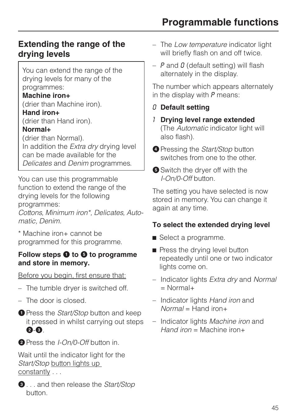 Programmable functions 45, Extending the range of the drying levels 45, Programmable functions | Extending the range of the drying levels | Miele T 8422 C User Manual | Page 45 / 52