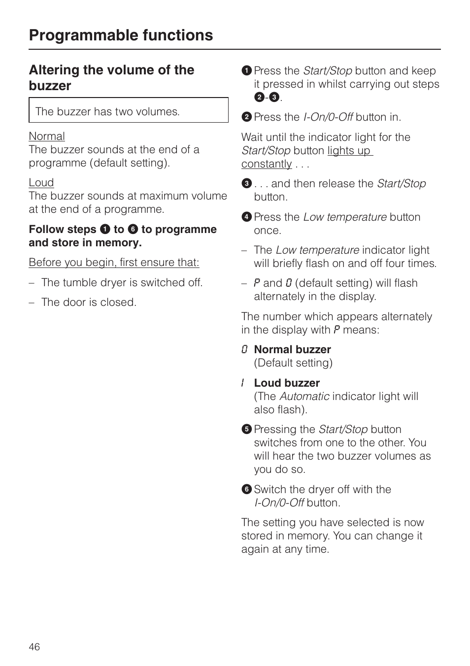 Altering the volume of the buzzer 46, Programmable functions, Altering the volume of the buzzer | Miele T 8422 C User Manual | Page 46 / 52