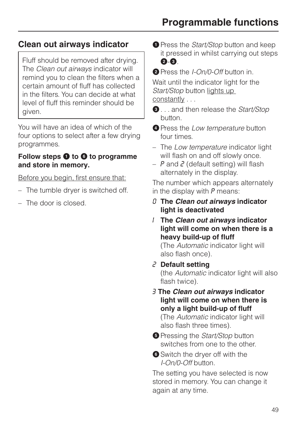 Clean out airways indicator 49, Programmable functions, Clean out airways indicator | Miele T 8422 C User Manual | Page 49 / 52