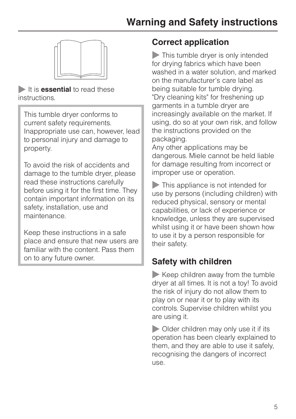 Warning and safety instructions 5, Warning and safety instructions | Miele T 8422 C User Manual | Page 5 / 52