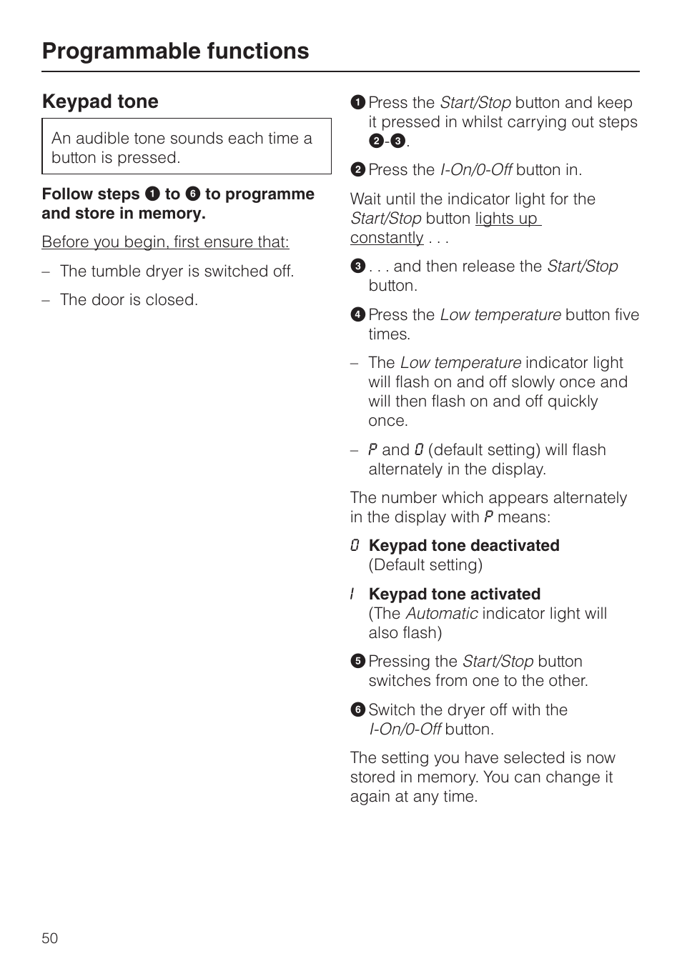 Keypad tone 50, Programmable functions, Keypad tone | Miele T 8422 C User Manual | Page 50 / 52