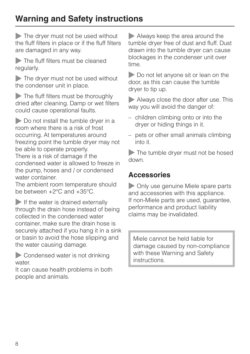 Warning and safety instructions | Miele T 8422 C User Manual | Page 8 / 52