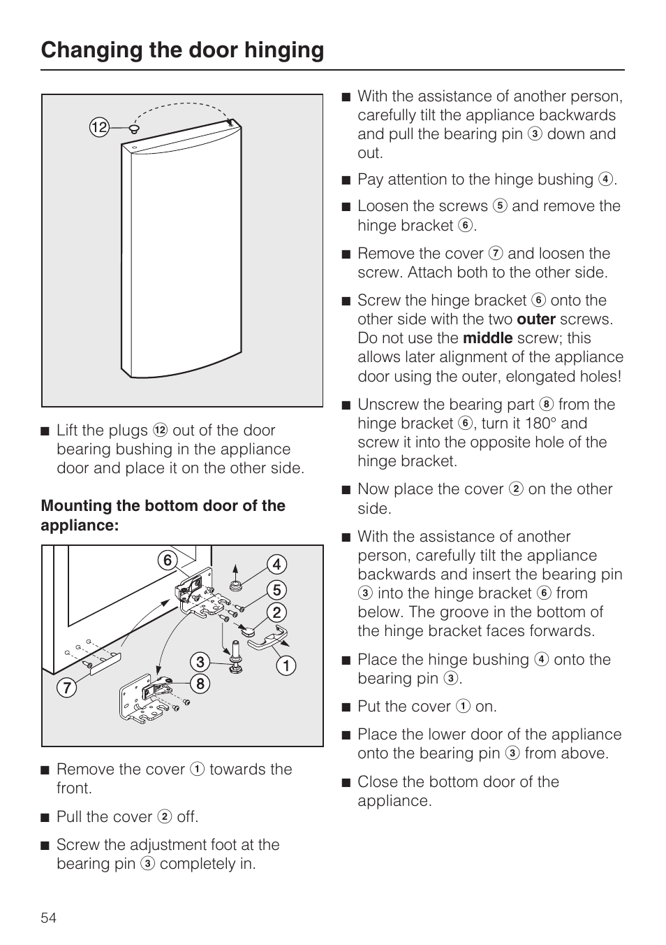 Changing the door hinging | Miele KFN 14943 SD ED User Manual | Page 54 / 64