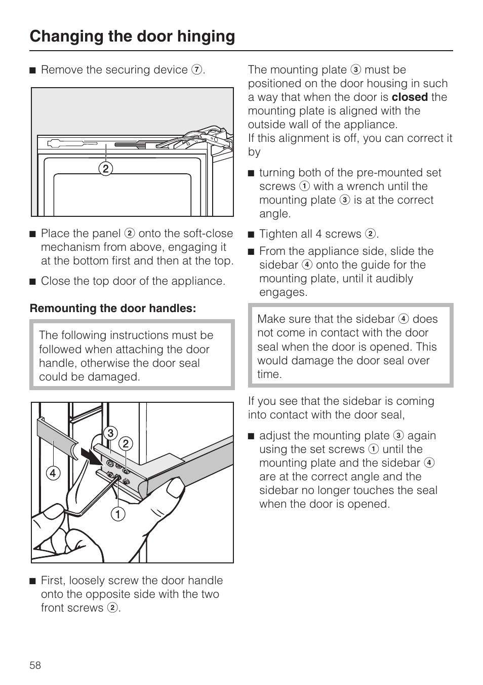 Changing the door hinging | Miele KFN 14943 SD ED User Manual | Page 58 / 64