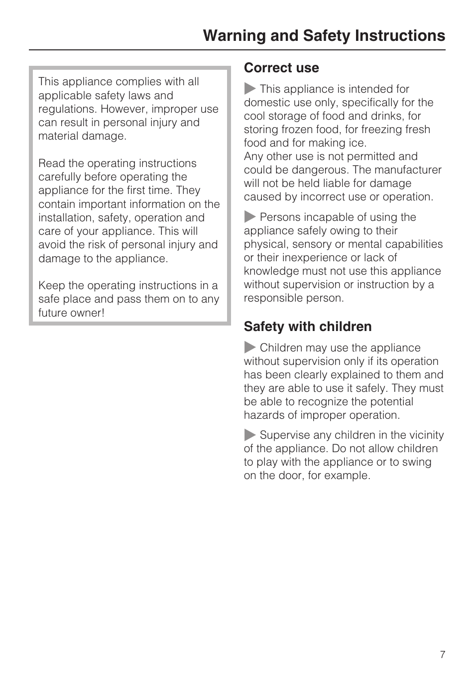 Warning and safety instructions 7, Warning and safety instructions | Miele KFN 14943 SD ED User Manual | Page 7 / 64