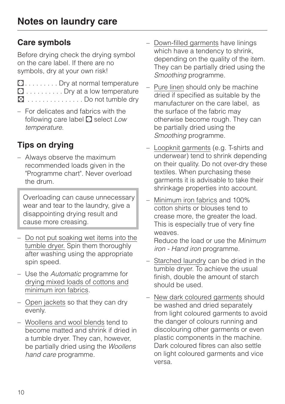 Notes on laundry care 10, Care symbols 10, Tips on drying 10 | Care symbols, Tips on drying | Miele T 4262 C User Manual | Page 10 / 44