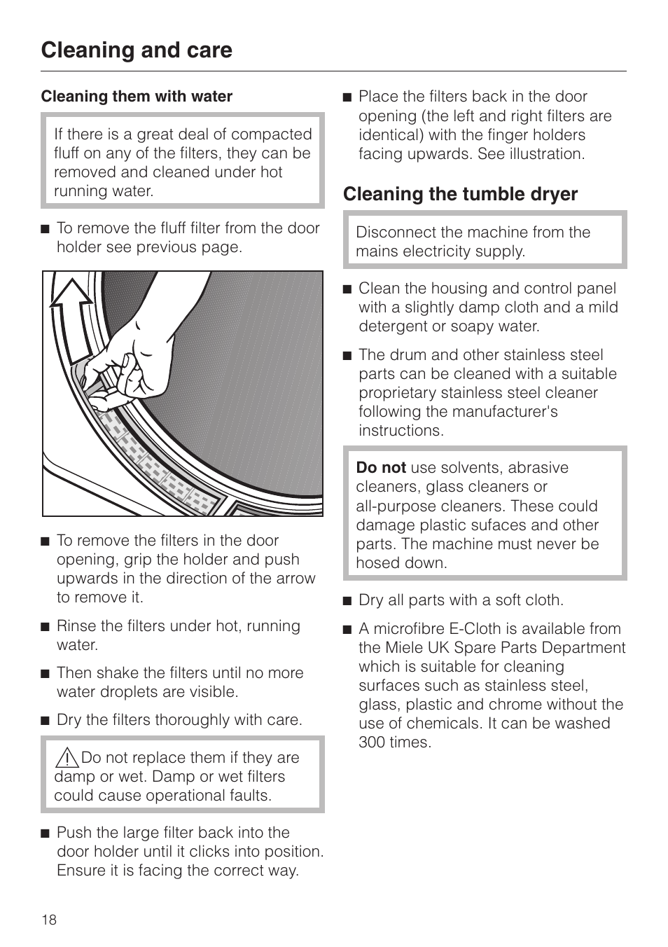 Cleaning them with water 18, Cleaning the tumble dryer 18, Cleaning and care | Cleaning the tumble dryer | Miele T 4262 C User Manual | Page 18 / 44