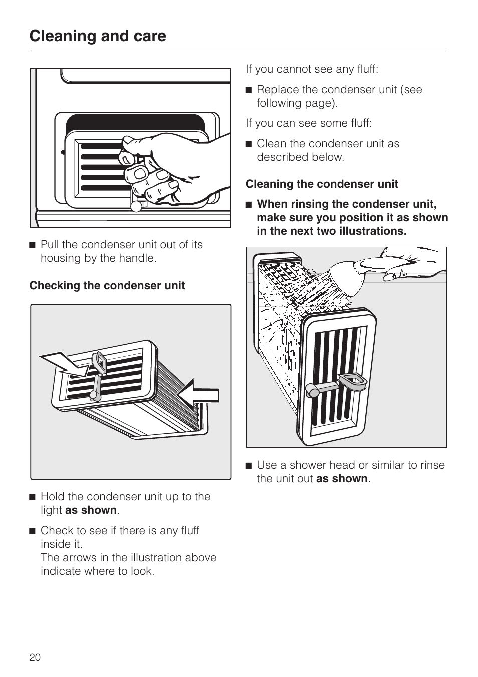 Checking the condenser unit 20, Cleaning the condenser unit 20, Cleaning and care | Miele T 4262 C User Manual | Page 20 / 44